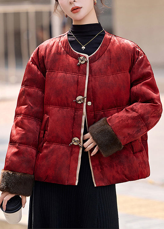 Natural Red Oversized Jacquard Duck Down Down Coat Winter
