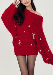 Natural Red Slash Neck Nail Bead Thick Cotton Knit Sweater Batwing Sleeve