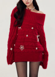 Natural Red Slash Neck Nail Bead Thick Cotton Knit Sweater Batwing Sleeve