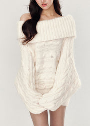 Natural Red Slash Neck Nail Bead Thick Cotton Knit Sweater Batwing Sleeve