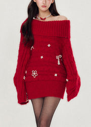 Natural Red Slash Neck Nail Bead Thick Cotton Knit Sweater Batwing Sleeve