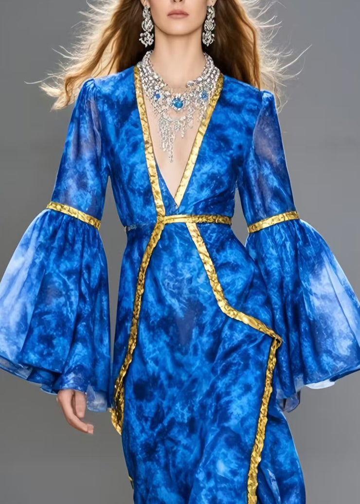Natural Sea Blue Asymmetrical Patchwork Chiffon Vacation Dresses Flare Sleeve