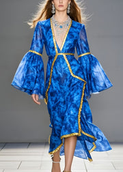 Natural Sea Blue Asymmetrical Patchwork Chiffon Vacation Dresses Flare Sleeve