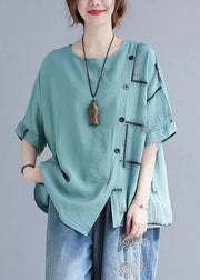 Natural Turquoise Asymmetrical Plaid Tops Summer