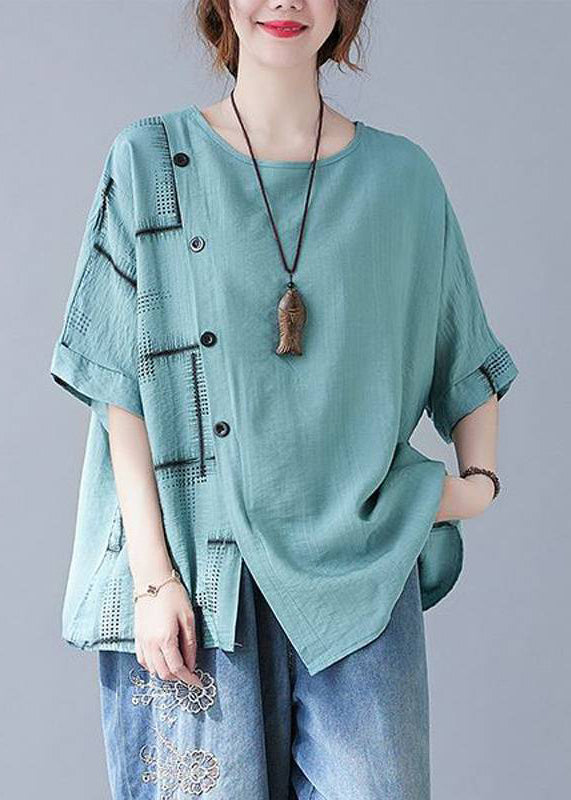 Natural Turquoise Asymmetrical Plaid Tops Summer