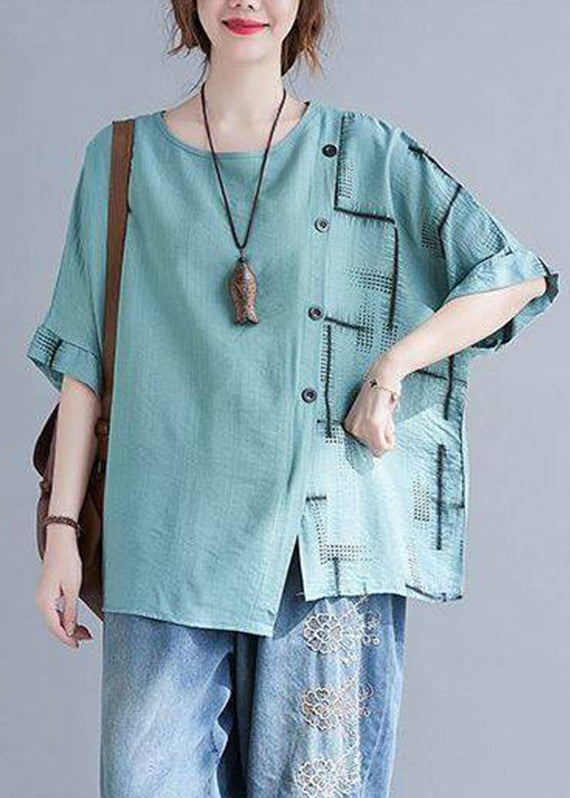 Natural Turquoise Asymmetrical Plaid Tops Summer