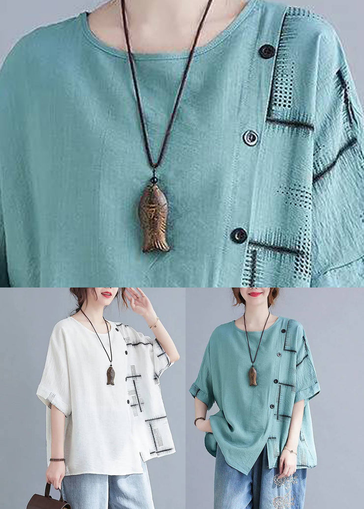 Natural Turquoise Asymmetrical Plaid Tops Summer