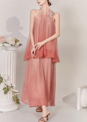 Natural Watery Red Cold Shoulder Tulle Vest And Maxi Skirts Two Pieces Set Sleeveless