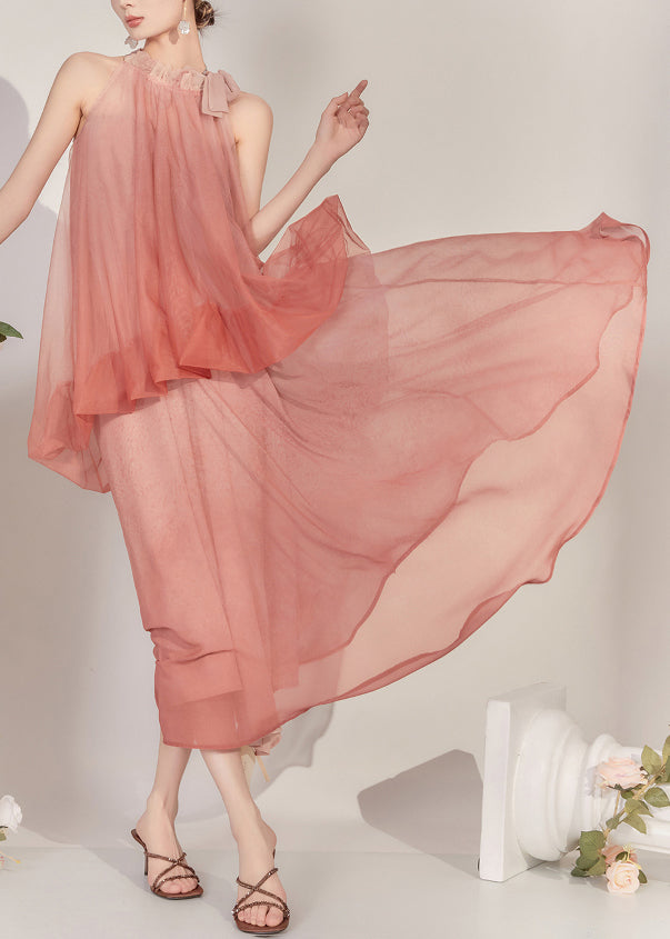 Natural Watery Red Cold Shoulder Tulle Vest And Maxi Skirts Two Pieces Set Sleeveless