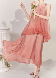 Natural Watery Red Cold Shoulder Tulle Vest And Maxi Skirts Two Pieces Set Sleeveless