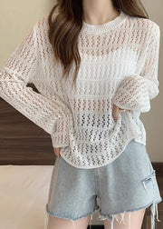 Natural White O Neck Hollow Out Knit T Shirts Summer