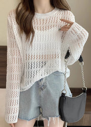Natural White O Neck Hollow Out Knit T Shirts Summer