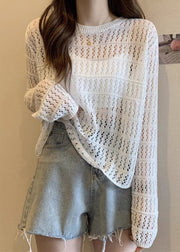 Natural White O Neck Hollow Out Knit T Shirts Summer