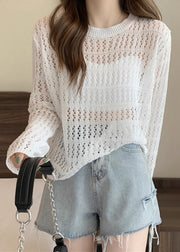 Natural White O Neck Hollow Out Knit T Shirts Summer