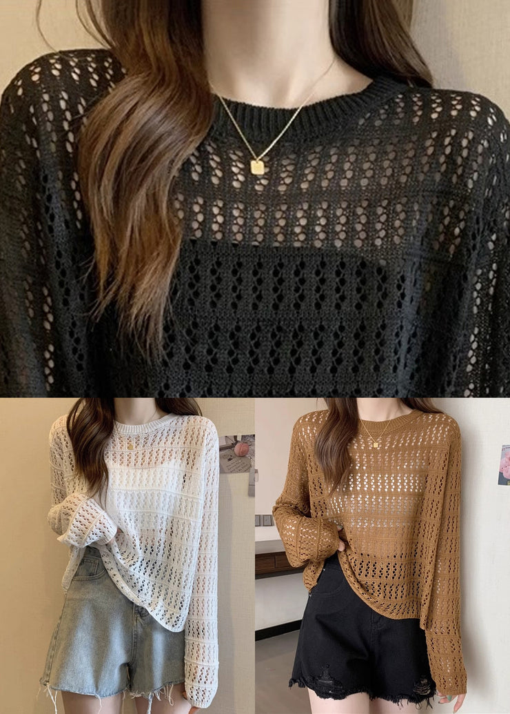 Natural White O Neck Hollow Out Knit T Shirts Summer