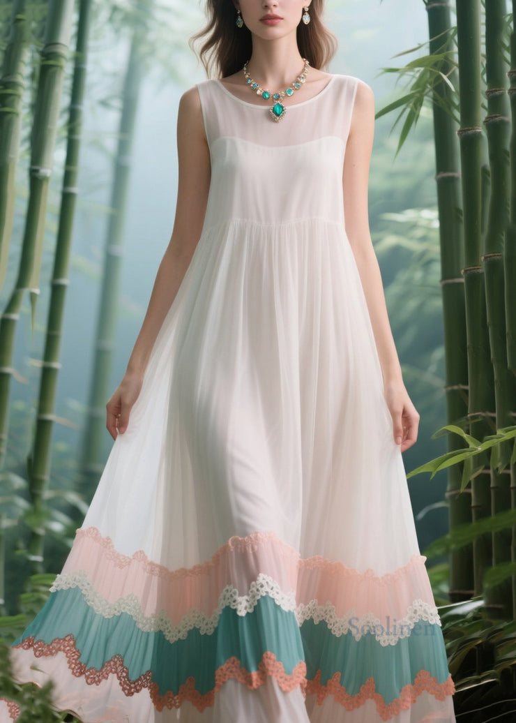 Natural White Patchwork Exra Large Hem Tulle Long Dress Summer