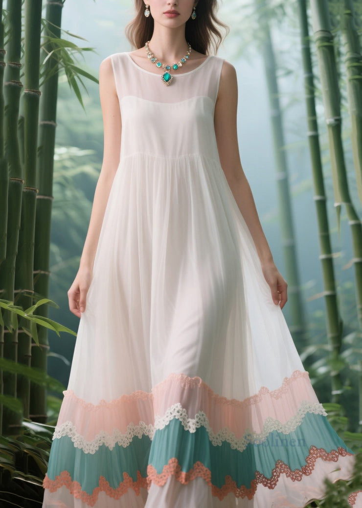 Natural White Patchwork Exra Large Hem Tulle Long Dress Summer