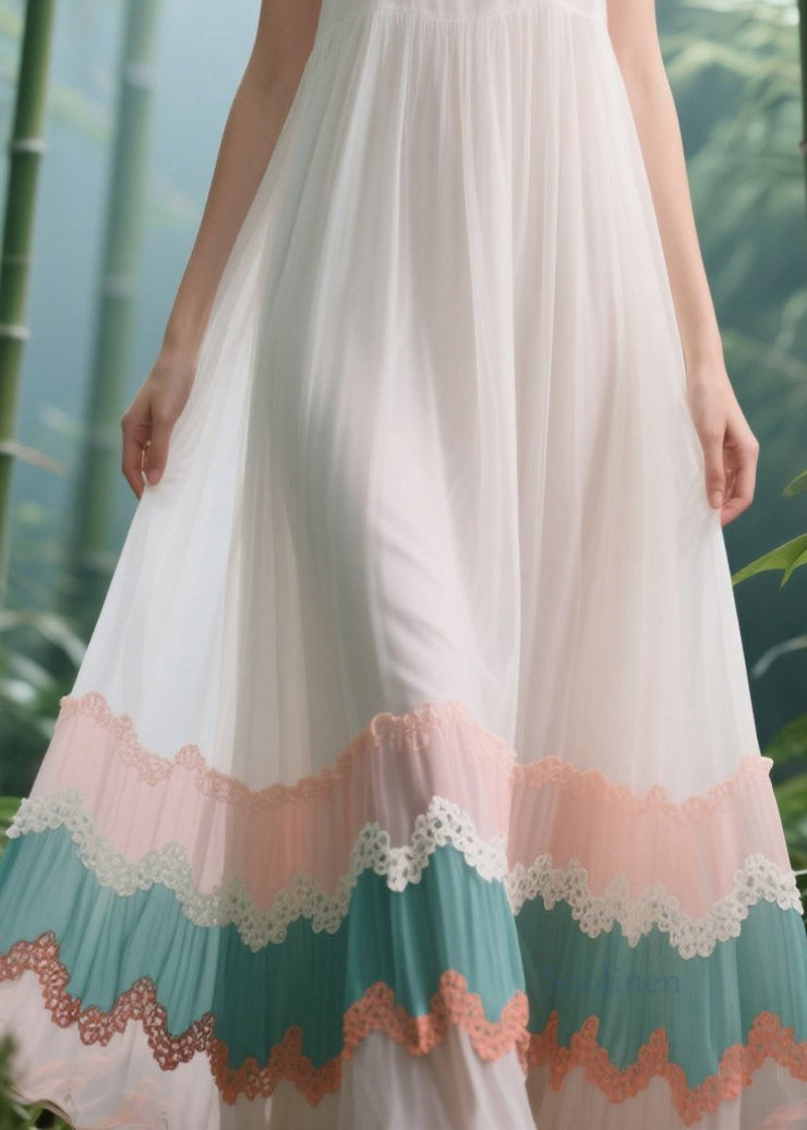 Natural White Patchwork Exra Large Hem Tulle Long Dress Summer