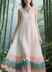 Natural White Patchwork Exra Large Hem Tulle Long Dress Summer