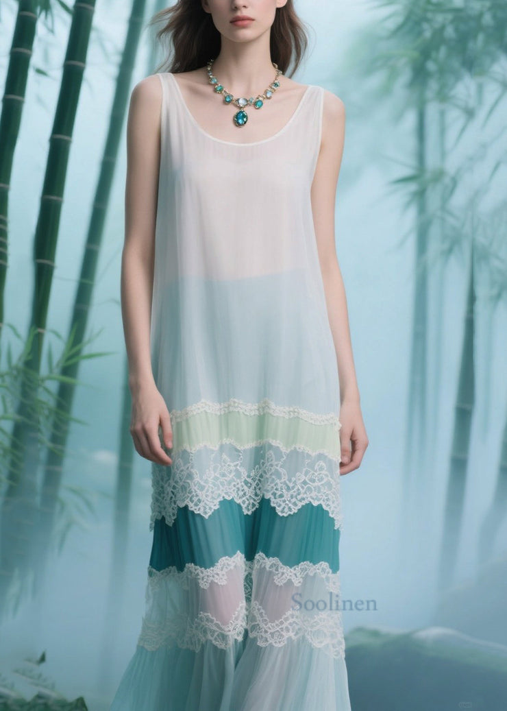Natural White Patchwork Lace Tulle Long Dresses Sleeveless