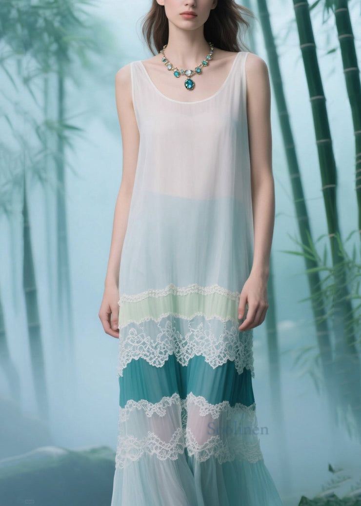 Natural White Patchwork Lace Tulle Long Dresses Sleeveless