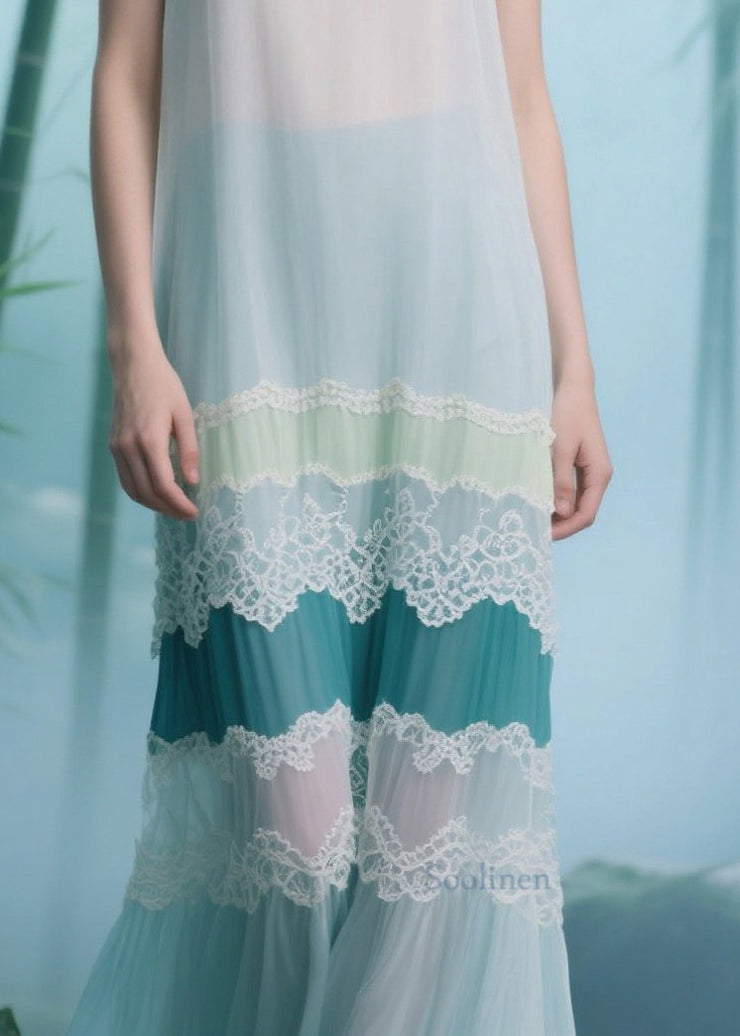 Natural White Patchwork Lace Tulle Long Dresses Sleeveless