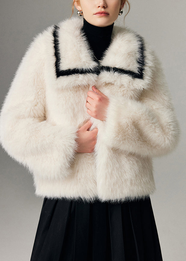 Natural White Peter Pan Collar Thick Faux Fox Fur Loose Coats Winter