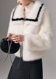 Natural White Peter Pan Collar Thick Faux Fox Fur Loose Coats Winter