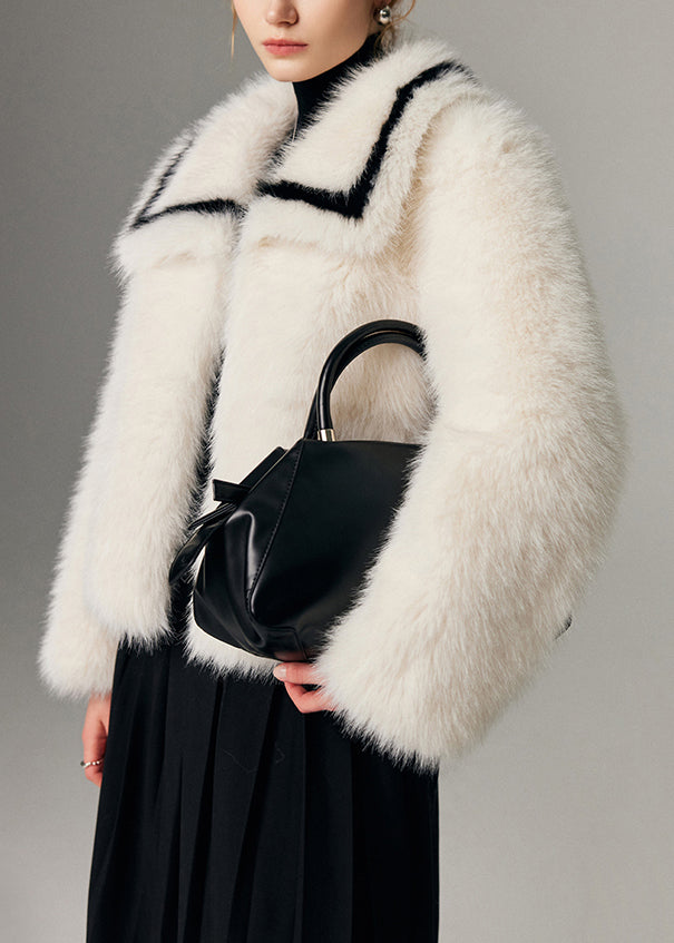 Natural White Peter Pan Collar Thick Faux Fox Fur Loose Coats Winter