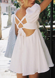 Natural White Square Collar Cinched Mid Dresses Short Sleeve