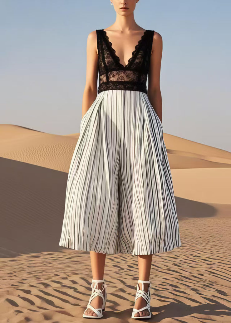 Natural White Striped Cotton Wide Leg Pants Summer