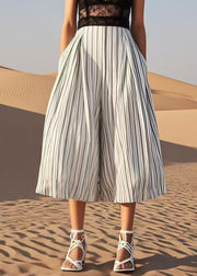 Natural White Striped Cotton Wide Leg Pants Summer