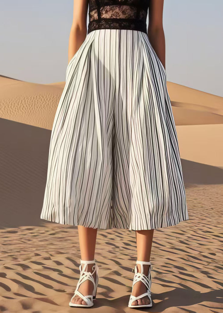 Natural White Striped Cotton Wide Leg Pants Summer