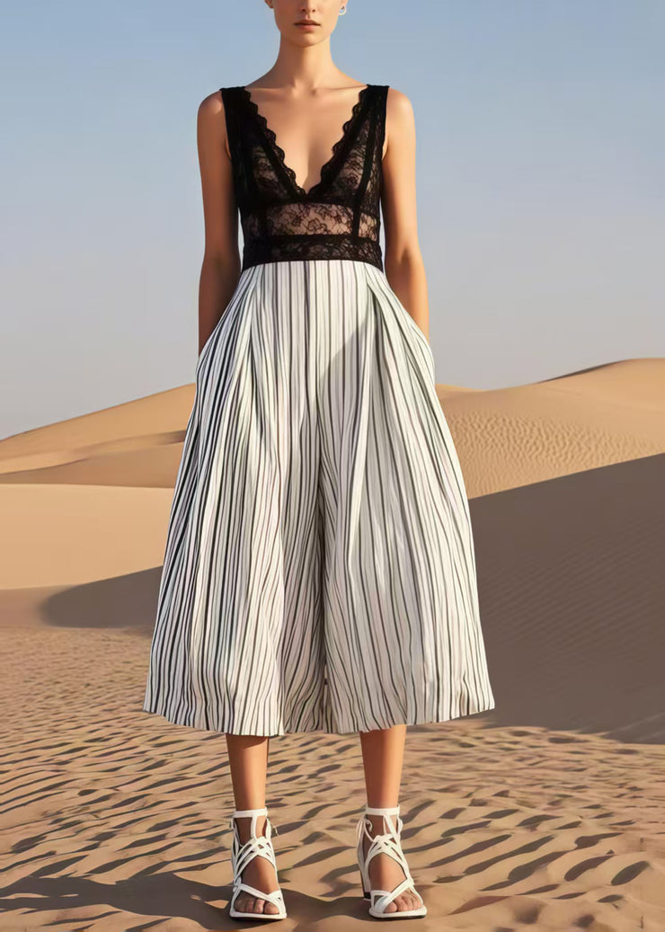 Natural White Striped Cotton Wide Leg Pants Summer
