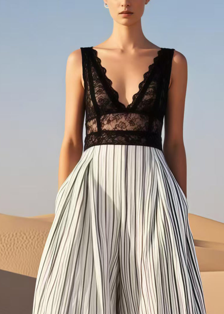 Natural White Striped Cotton Wide Leg Pants Summer