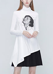 Natural White Turtleneck Belle Print Wrinkled Tops Fall