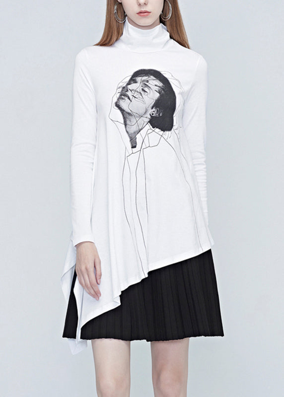 Natural White Turtleneck Belle Print Wrinkled Tops Fall
