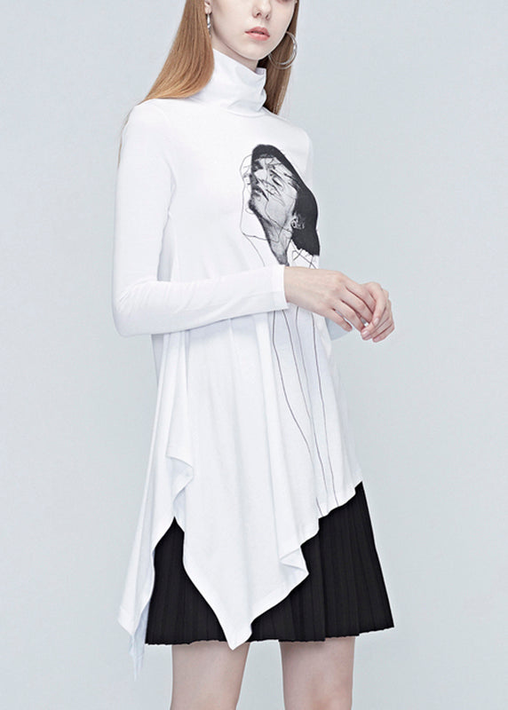 Natural White Turtleneck Belle Print Wrinkled Tops Fall