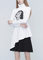 Natural White Turtleneck Belle Print Wrinkled Tops Fall