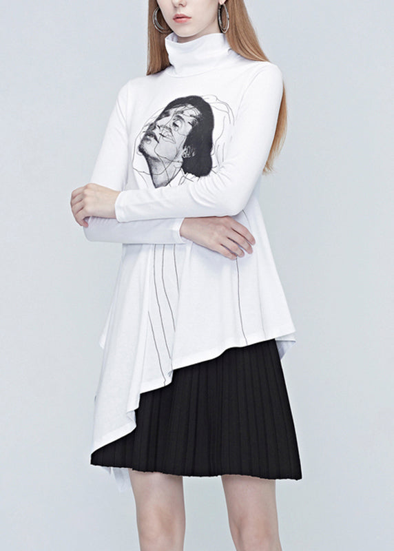 Natural White Turtleneck Belle Print Wrinkled Tops Fall