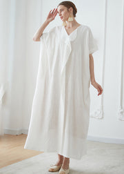 Natural White V Neck Jacquard Patchwork Cotton Robe Dresses Summer