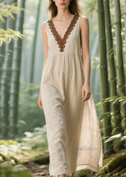 Natural White V Neck Lace Patchwork Linen Straight Dress Sleeveless