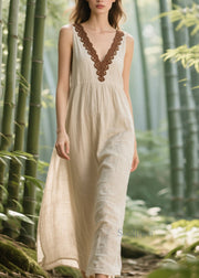 Natural White V Neck Lace Patchwork Linen Straight Dress Sleeveless
