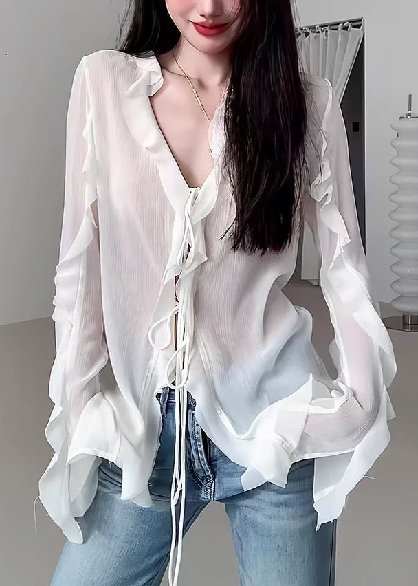 Natural White V Neck Ruffled Solid Chiffon Shirt Fall