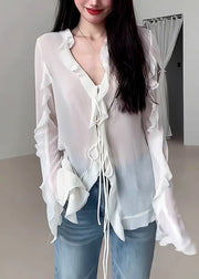 Natural White V Neck Ruffled Solid Chiffon Shirt Fall