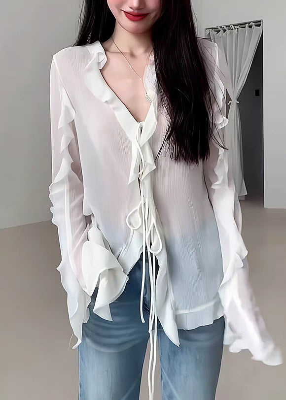 Natural White V Neck Ruffled Solid Chiffon Shirt Fall