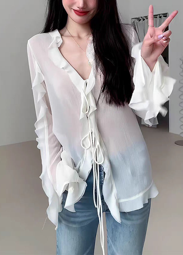 Natural White V Neck Ruffled Solid Chiffon Shirt Fall