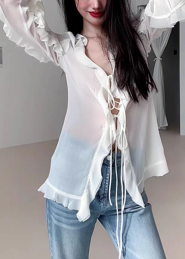 Natural White V Neck Ruffled Solid Chiffon Shirt Fall