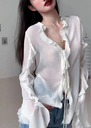 Natural White V Neck Ruffled Solid Chiffon Shirt Fall