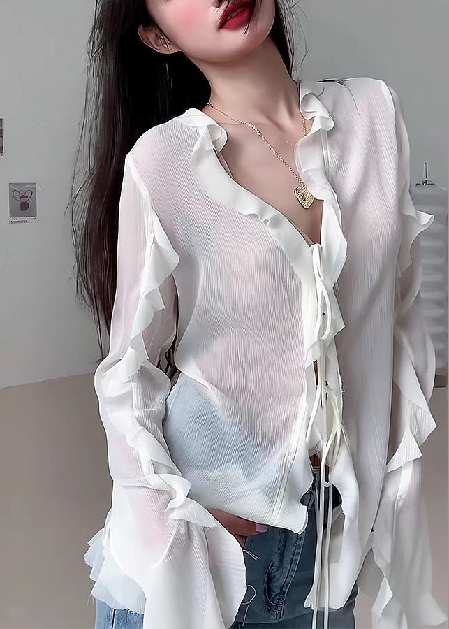 Natural White V Neck Ruffled Solid Chiffon Shirt Fall